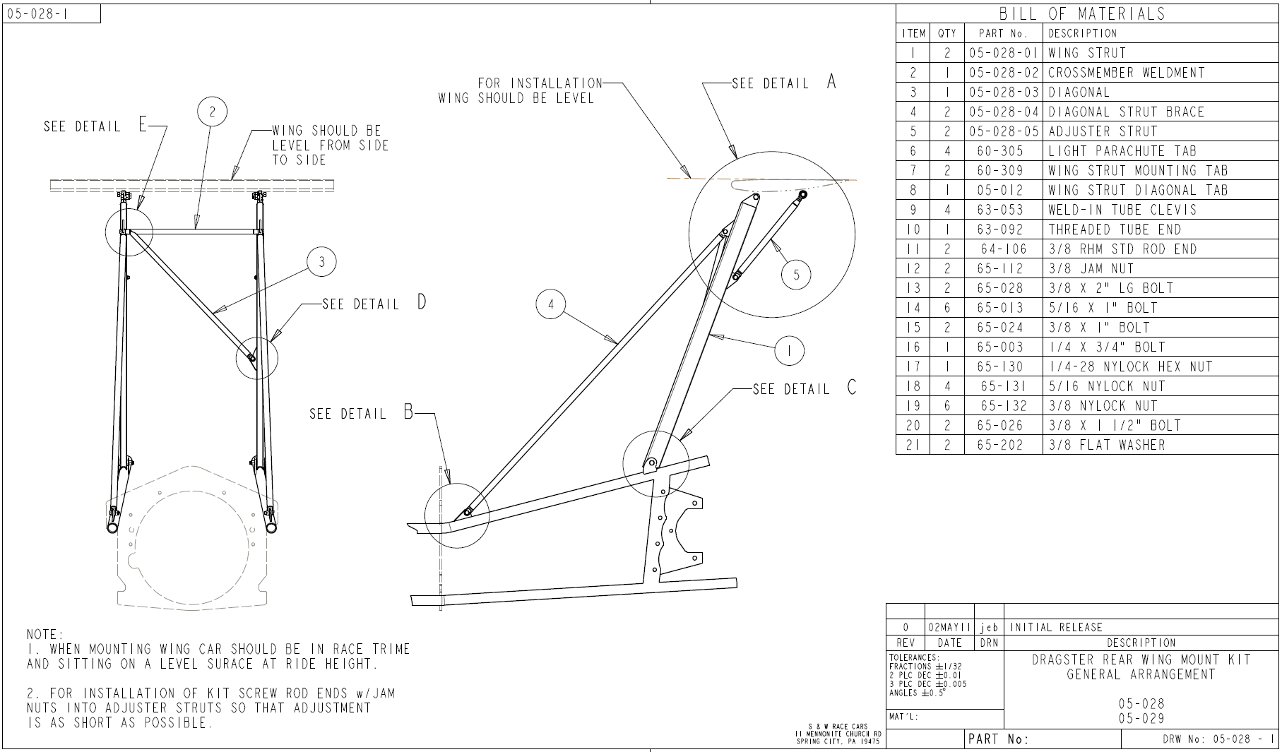 Dragster Wing Mounting Kit for up to 48" Above Top Frame Rail 05-029