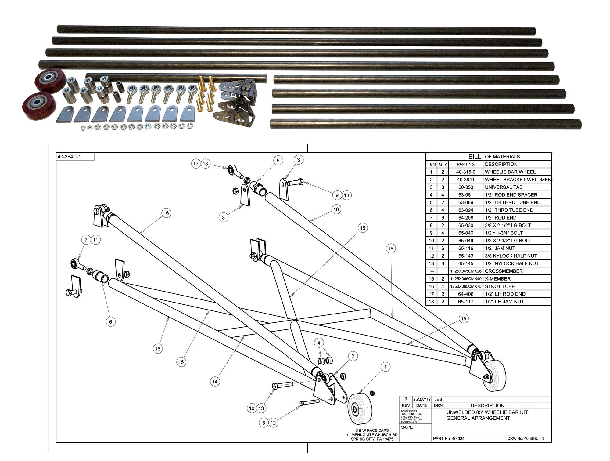 85" Wheelie Bar Kit With Quick Adjustments, Unwelded