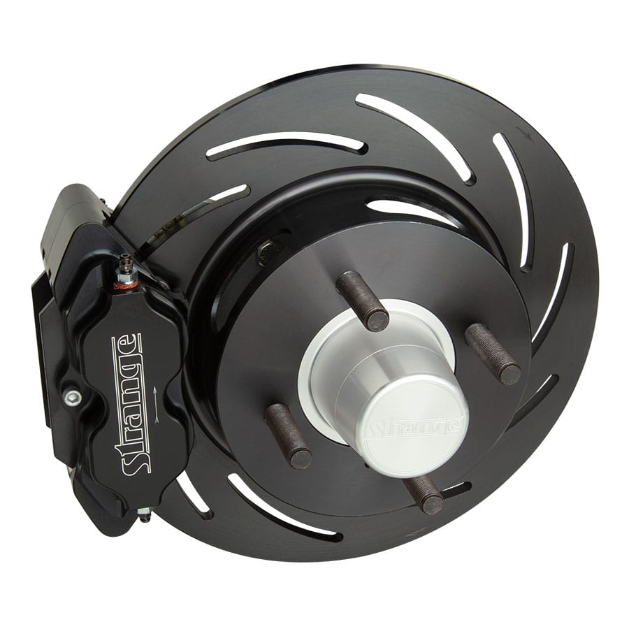 Strange Pro Series H/D Front Brake Kit | ’87-’93 Mustang & ’87-’88 T/Bird – 4 on 4 1/4? B.C. | 1 Pc Rotors, 4 Piston Calipers & DTC-30 Semi Metallic Pads