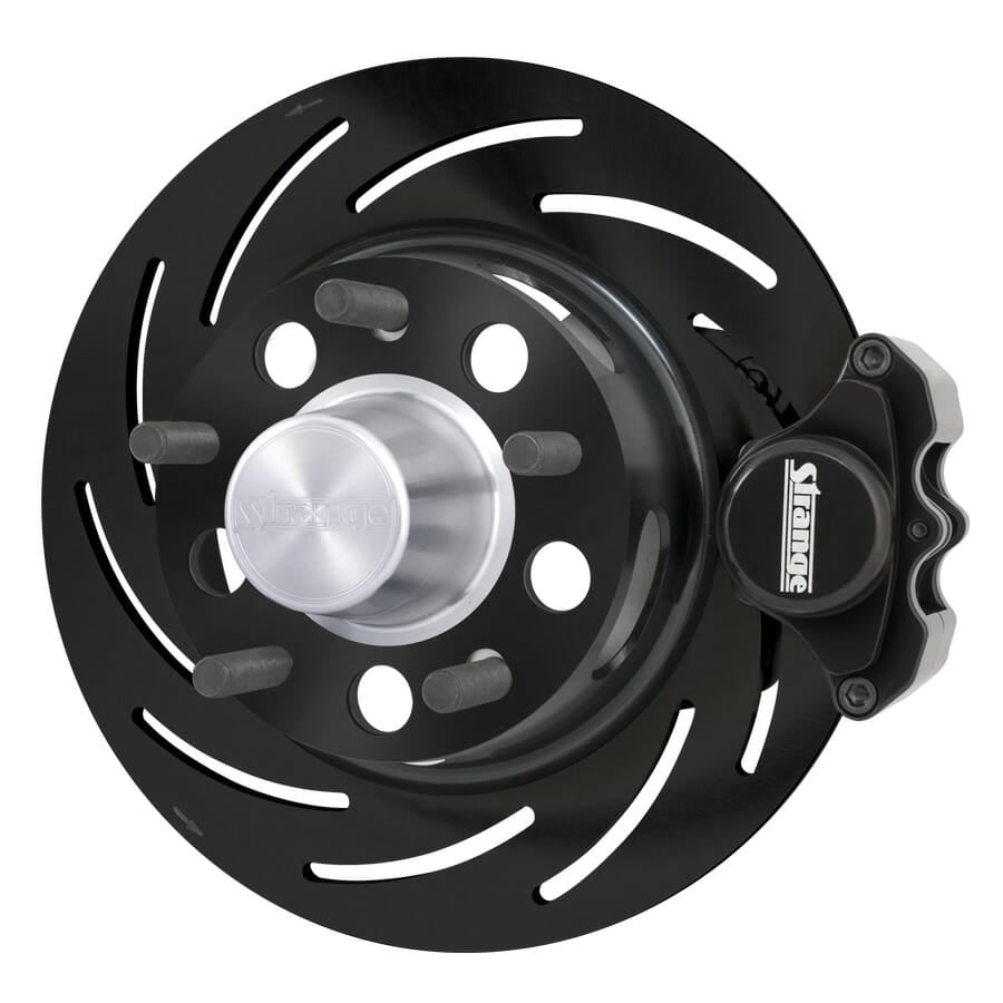 B4454WC-Strange Pro Series Front Brake Kit 1987-Present Strange Aluminum Struts 4 3/4" BC with 2 Piston Calipers & One Piece Slotted Rotors