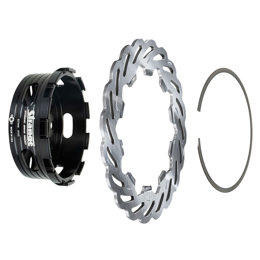 Strange Evolution Dynamic Drive Mount Dual Rear Brakes | For 3.350″ Symmetrical Housing Ends | Evolution S Rotors, 4 Piston Billet Evolution 4 Calipers | With DTC-30 Semi Metallic Pads