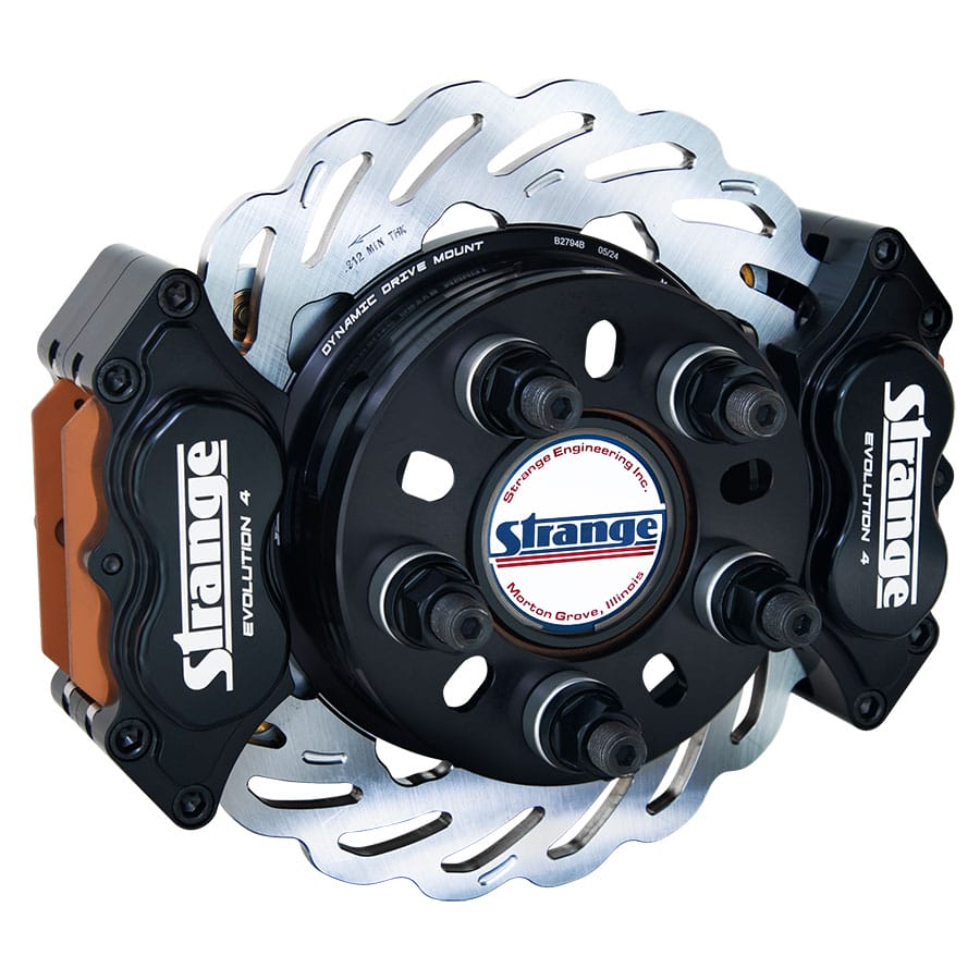 Strange Evolution Dynamic Drive Mount Dual Rear Brakes | For 3.350″ Symmetrical Housing Ends | Evolution S Rotors, 4 Piston Billet Evolution 4 Calipers | With DTC-30 Semi Metallic Pads