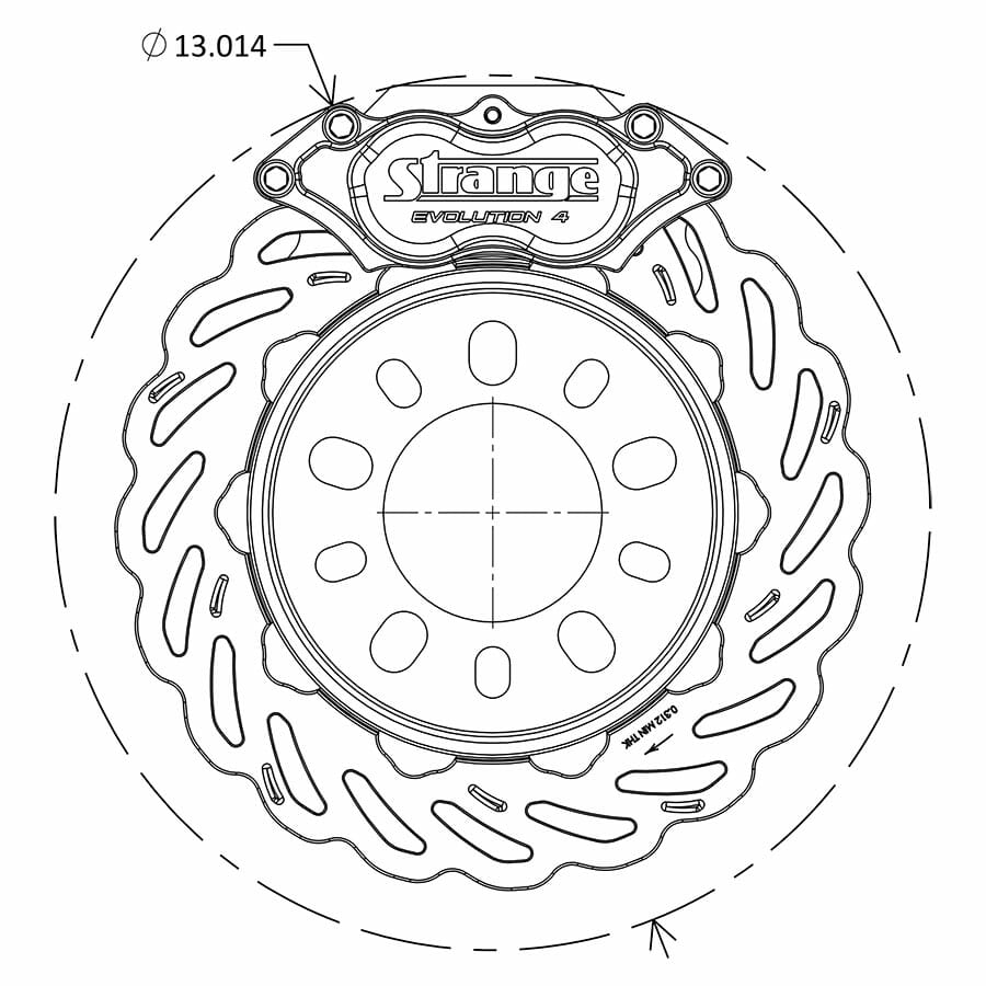 Strange Evolution Dynamic Drive Mount Dual Rear Brakes | For 3.350″ Symmetrical Housing Ends | Evolution S Rotors, 4 Piston Billet Evolution 4 Calipers | With DTC-30 Semi Metallic Pads