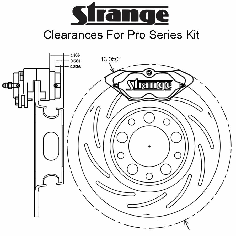 Strange Pro Series H/D Front Brake Kit | Strange Aluminum Struts – 4 1/2″ B.C. | 1 Pc Rotors, 4 Piston Calipers & DTC-30 Semi Metallic Pads
