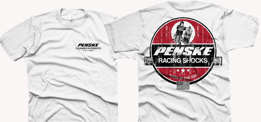 White T-Shirt with Distressed Vintage Penske Shocks Logo on Back